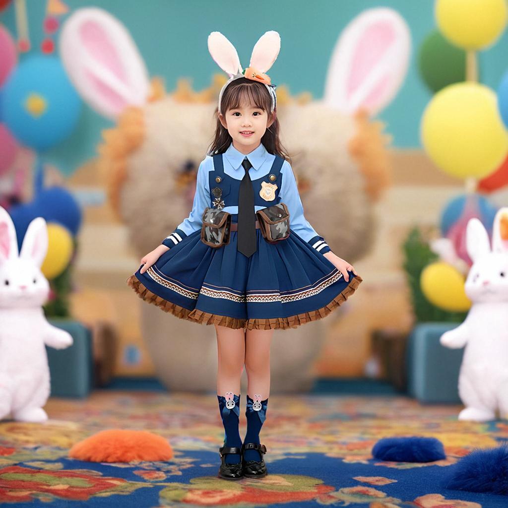 Judy Cosplay Costume Kids Set Police Officer Performance Full Outfit Children's Lolita Skirt Hat Hairband Complete Costume