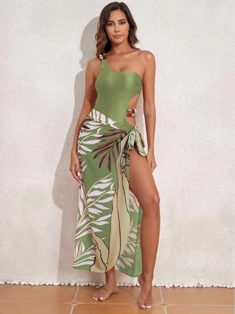 2025 Women's Beaded One-Shoulder Slimming Swimsuit: Tummy-Covering Bikini & Sun Protection Gauze Skirt