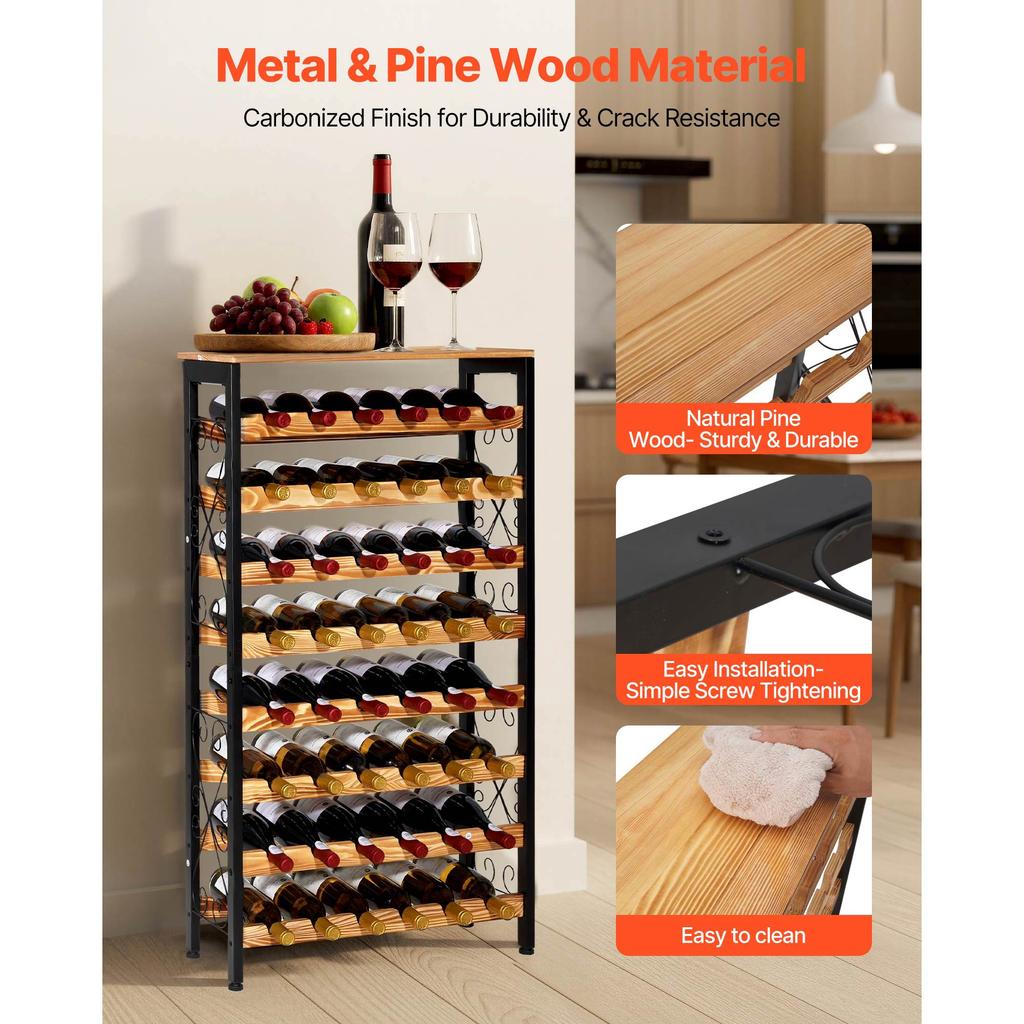 SucceBuy 48 Bottle Wine Rack 8-Tier Iron Wine Bottle Holder With Wood Table Top For Kitchen Pantry Bar 26''L X 9.3''W X 46.9''H
