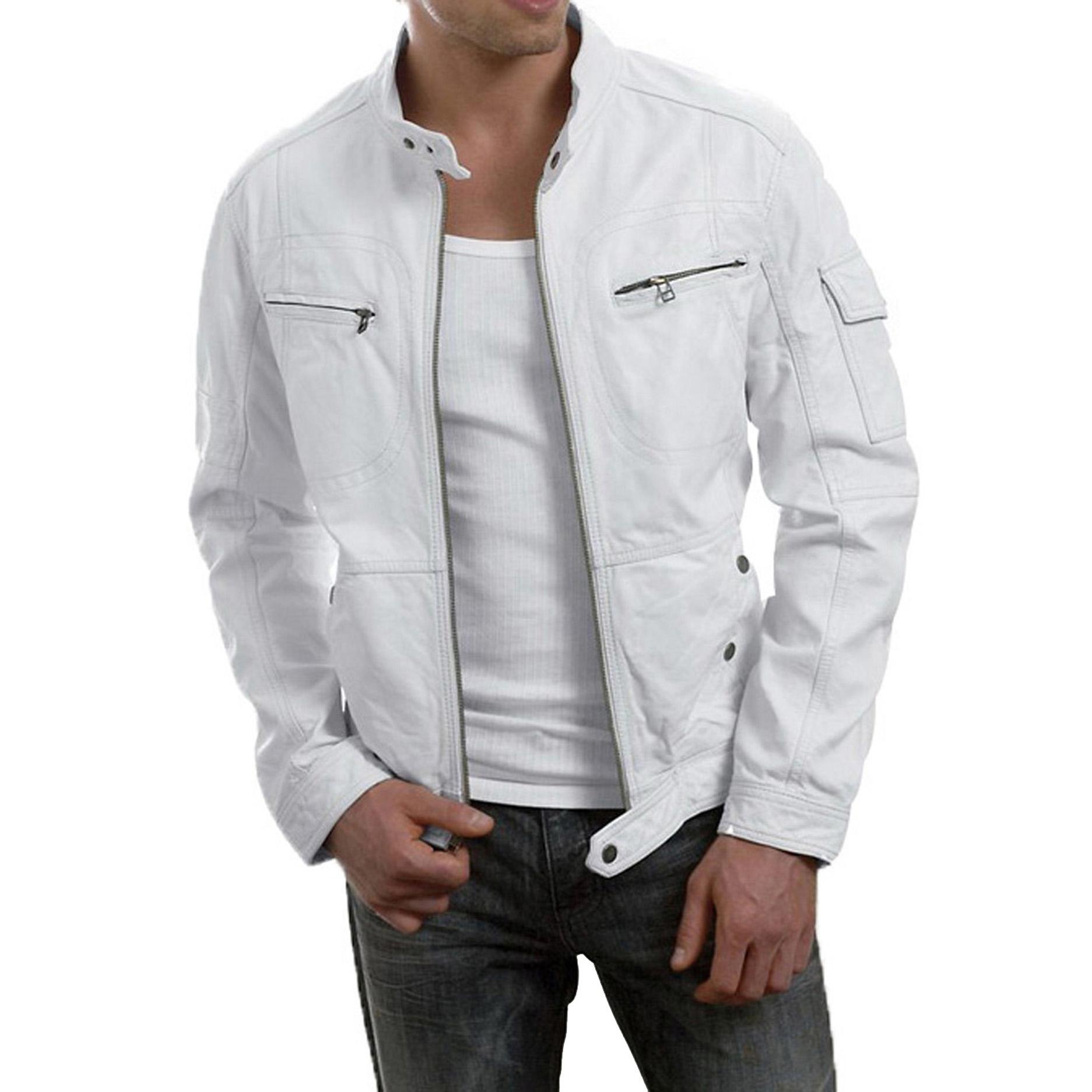 

SkinOutfit Men s Genuine Lambskin White Leather Jacket Stylish Motorcycle Bomber Biker Outerwear MJ 15 3XL білий