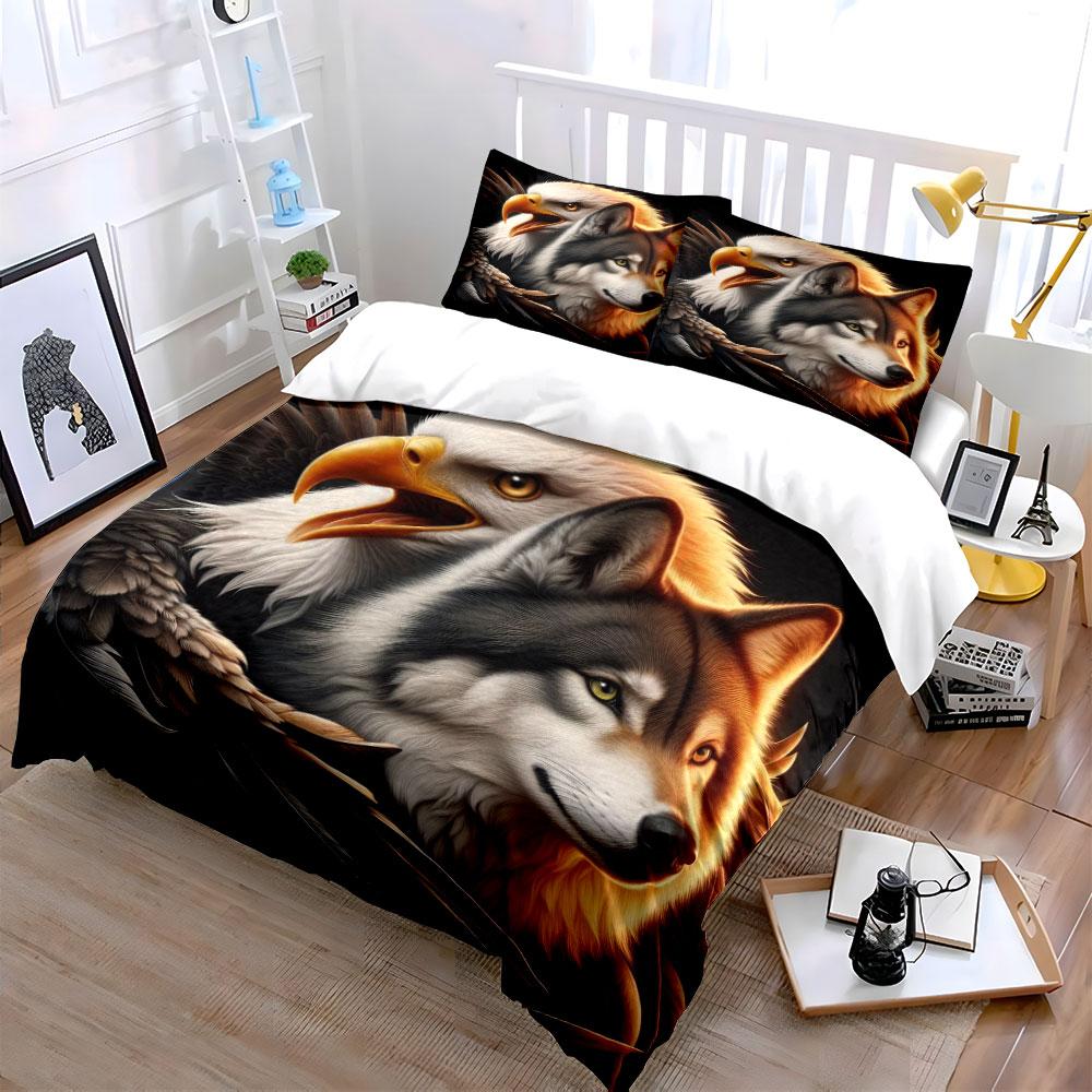 Wolf and Eagle Print Bedding Set Bedding Duvet Cover Set Duvet Cover Pillowcases (1 * Duvet Cover 2 * Pillowcases, without duvet insert)