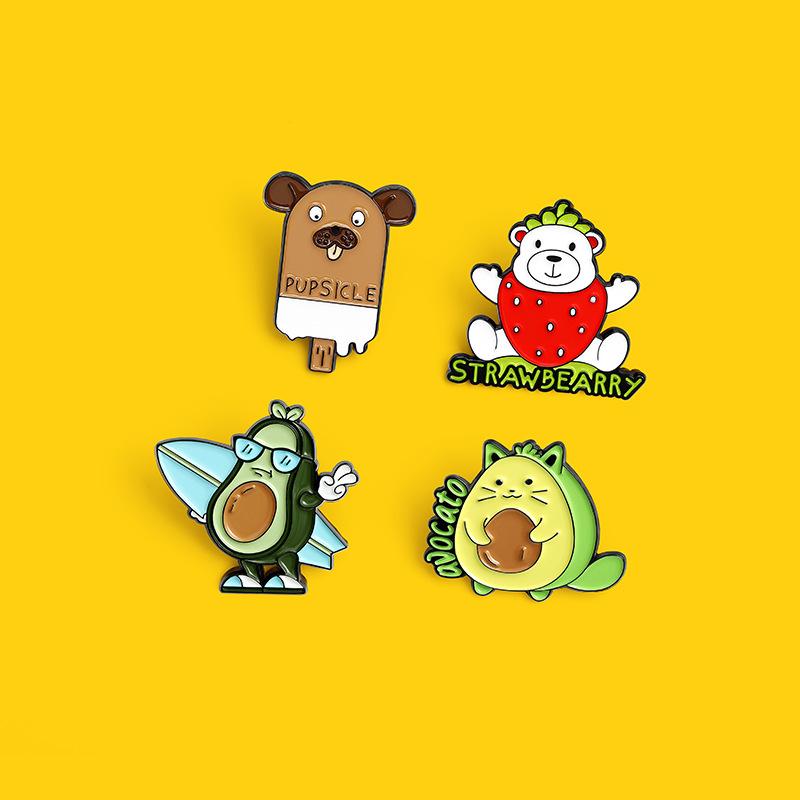 Cartoon Cute Stylish Strawberry Bear Dog Ice Cream Avocado Finished Alloy Badge Brooch For Creative Accessory Wearers