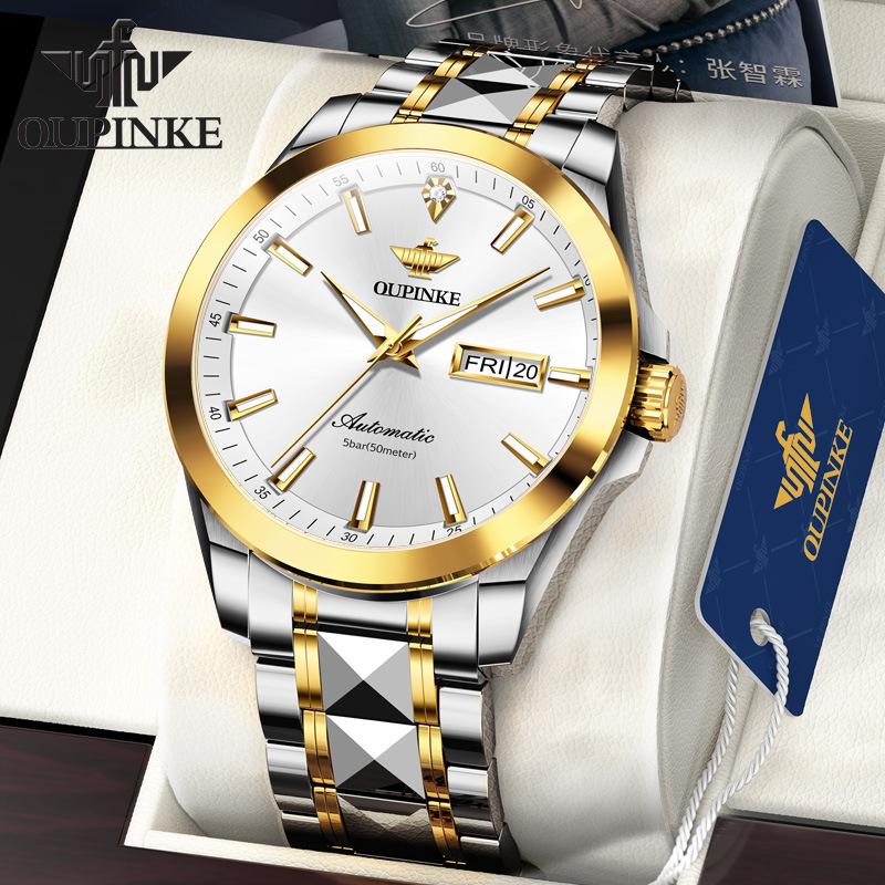 OUPINKE Montre Homme Double Calendrier Montre Mécanique Automatique Montre Diamant Haut De Gamme Étanche
