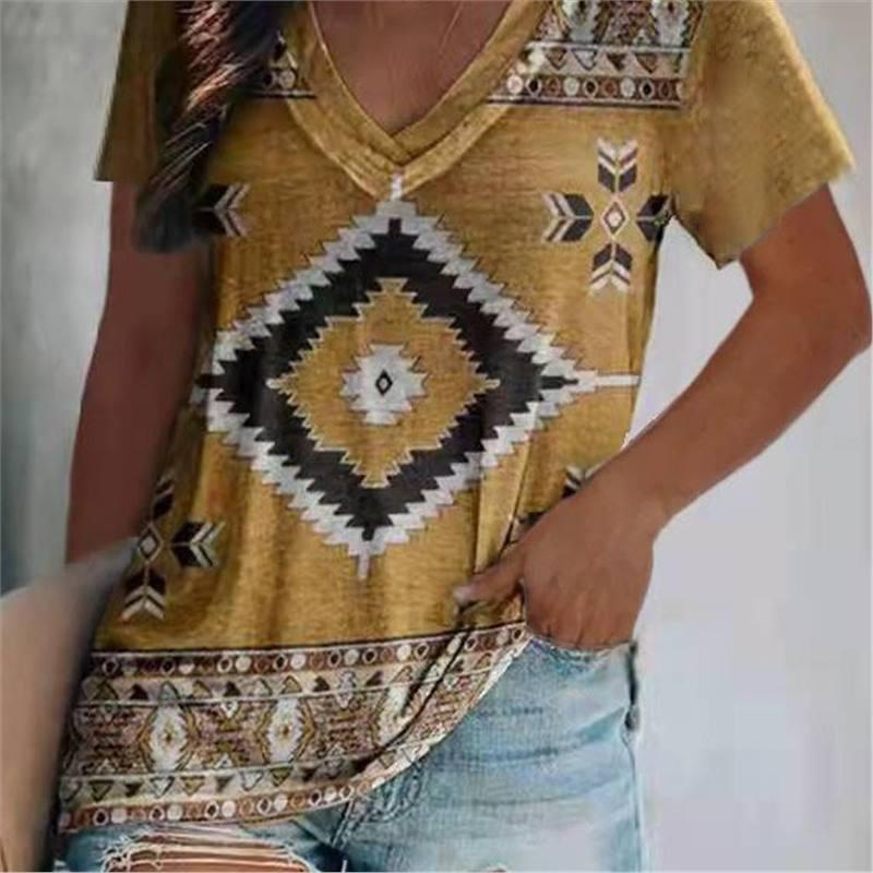

2023 Ethnic Style Women s Short Sleeve Double Layer Collar T-Shirt 5XL