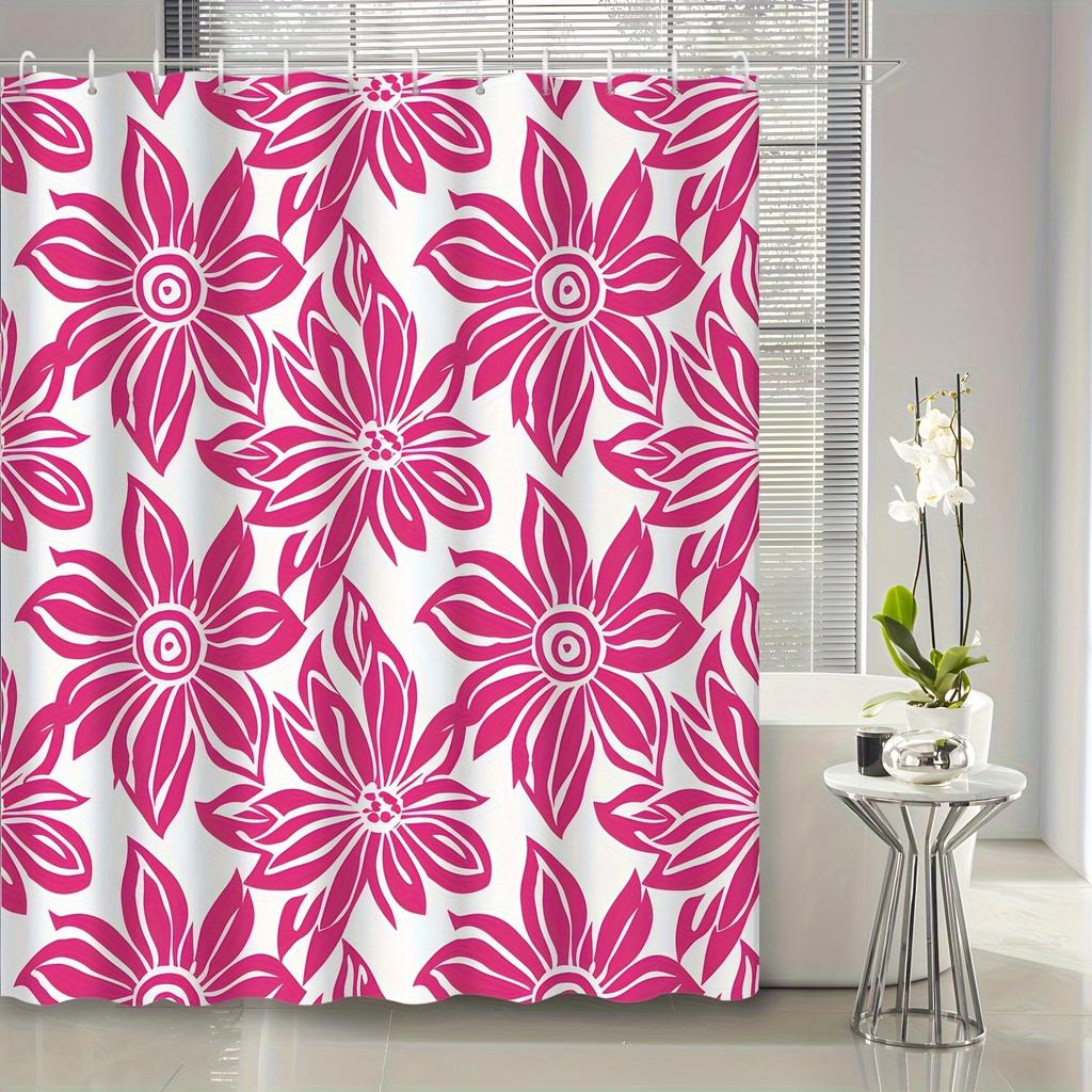 1pc Retro Abstract Geometric Floral Shower Curtain - Vibrant Pink & White Design, Washable Polyester, Includes Hooks, All-Season