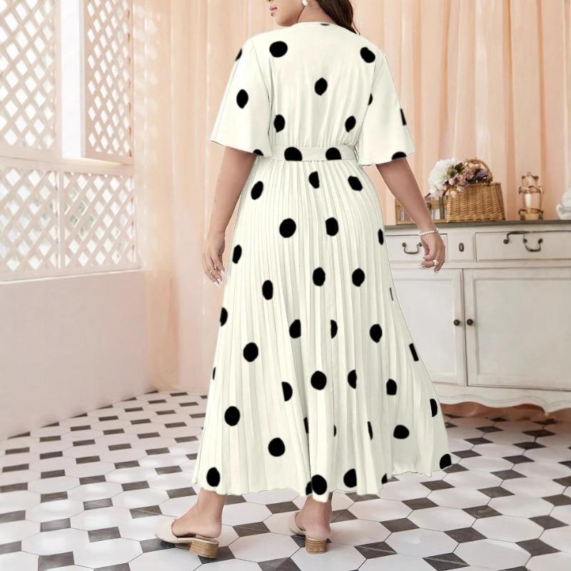 Plus Size Women's Summer New Polka Dot Simple Elastic Waist Printed Pleated Long Dress