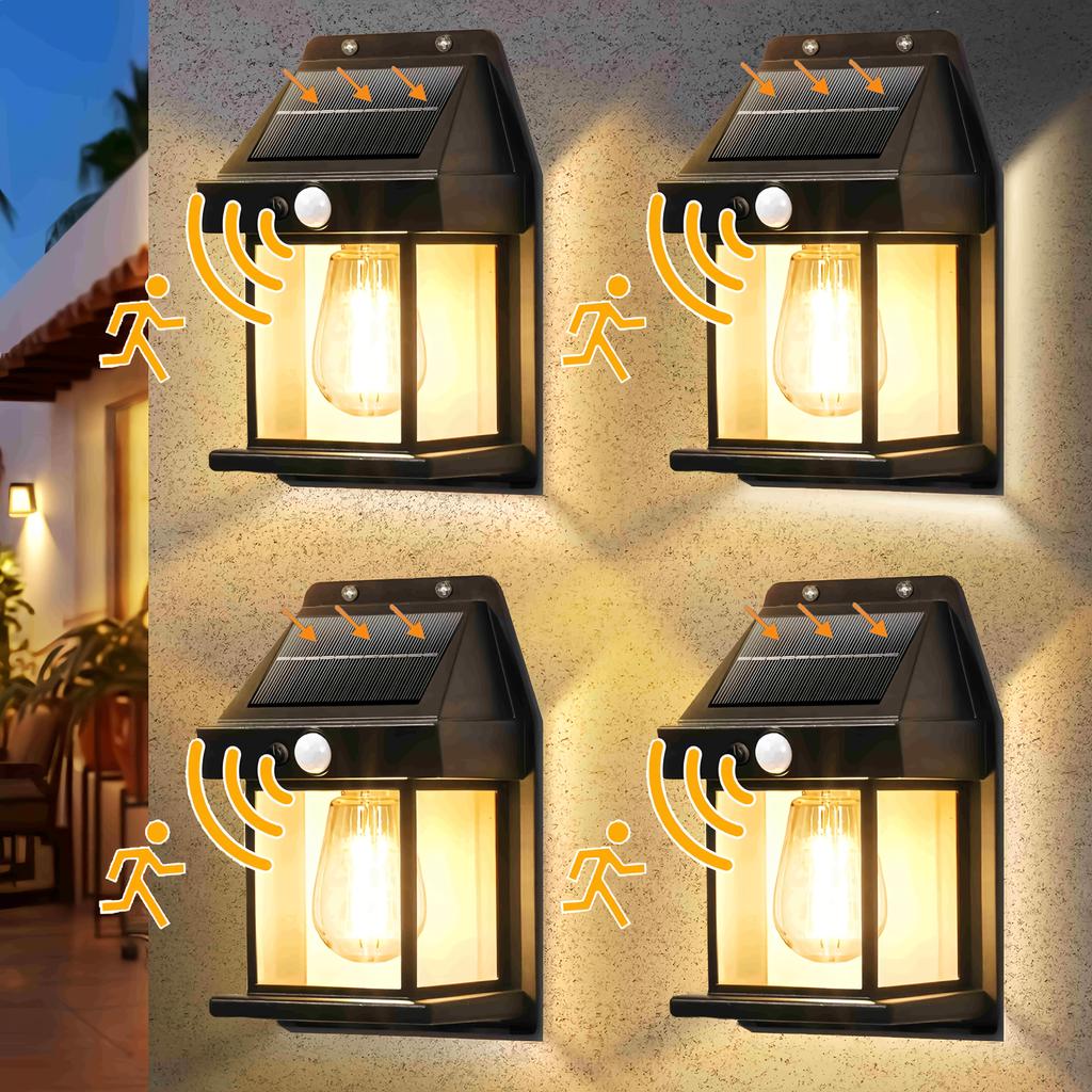 Warm Light Porch Lights, Solar Wall Lights Outdoor, Wall Porch Light Motion Sensor with 3 Lighting Modes, Outdoor Wall Lights for Garage Shed Door Yar