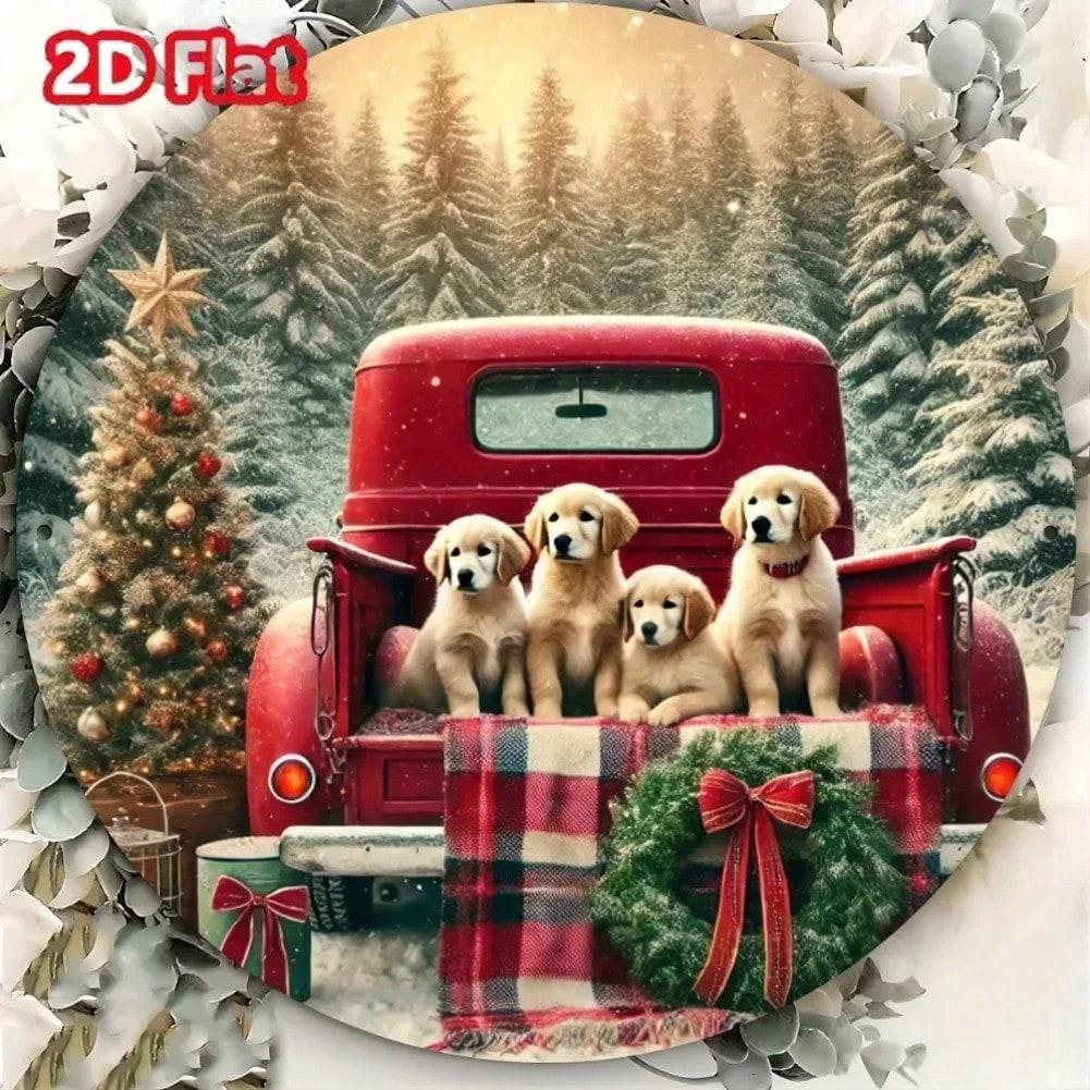 Rustic Round Metal Sign Dog Red Truck Christmas Wall Decor