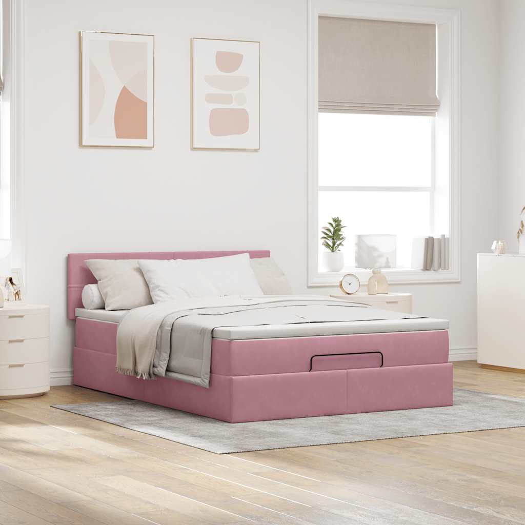 Ottoman Bed with Mattress & LEDs Pink 140x190 Cm Velvet