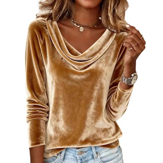 Women Tops Swing Collar Long Sleeve Velvety Fabric Solid Color Pullover Tops Golden Velvet Casual Blouse Office Date Wear