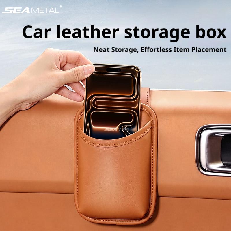 SEAMETAL Car Door Cup Holder Box Drink Rack Storage Bin Car Door Storage Pocket Leather Texture Soft Lining Phone Key Organizer Adhesive Mount