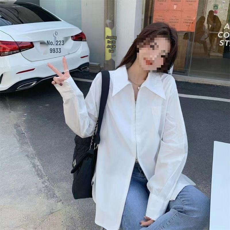 Women's White Double Zipper Long Sleeve Shirt, American Harajuku-Style, Slim-Fit, Spring/Summer Korean-Inspired.