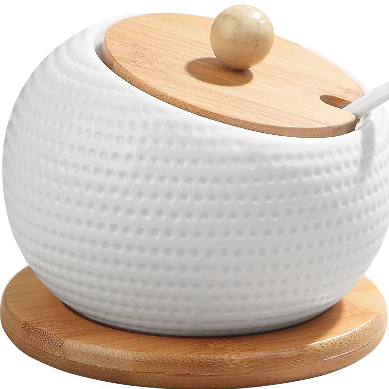 Ceramic Seasoning Jar with Lid Sugar Bowl Kitchen Storage Container Household Seasoning Box Storage Jar Wooden Tray 500ML