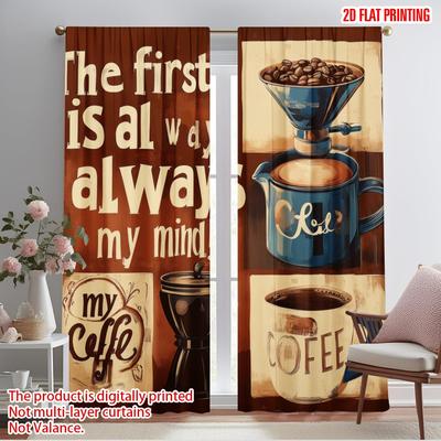2pcs,2D Plane Printing Minimalist Curtains Coffee Thoughts Polyester Easy Install (without Rod) Festive Use for Bedroom, Living