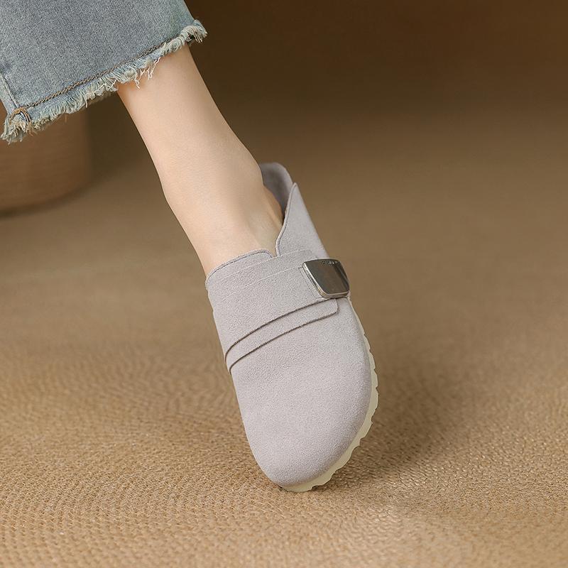 Fashion Round Toe Retro Genuine Leather Kid Suede Covered Toe Slippers Women Med Wedges Heels Leisure Soft Leather Mules Female 2025 New