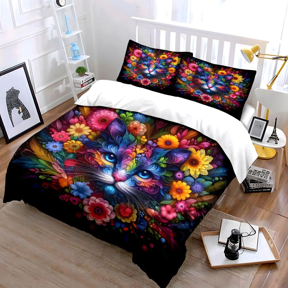 3Pcs Rainbow Flower Cat Bedding Set, Colorful Cat with Floral Details Print Duvet Cover, Artistic Style