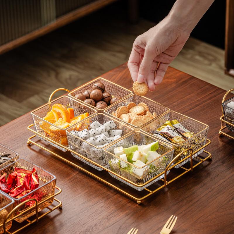 Hammered Glass Divided Serving Platter with Gold Stand and Lid