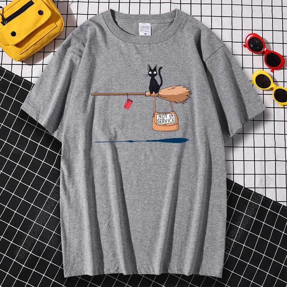 New 2026 Unisex 100 Pure Cotton Shortsleeved Tshirt with A Black Cat Pattern Print on A Unisexs Magic Broom and A Streetwear Top