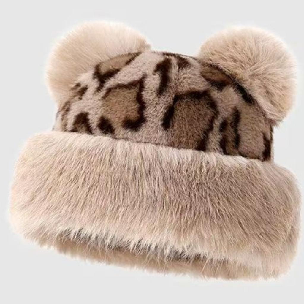 Retro Leopard Print Bear Ears Plush Mongolian Hat Fashionable Versatile Autumn and Winter Imitation Fur Thickened Warm Ear Protector Basin Hat