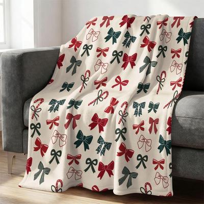 Christmas Bows Candy Cane Print Flannel Blanket Soft Cozy Fleece Throw for Bed Sofa Holiday Gift Blanket Home Decor