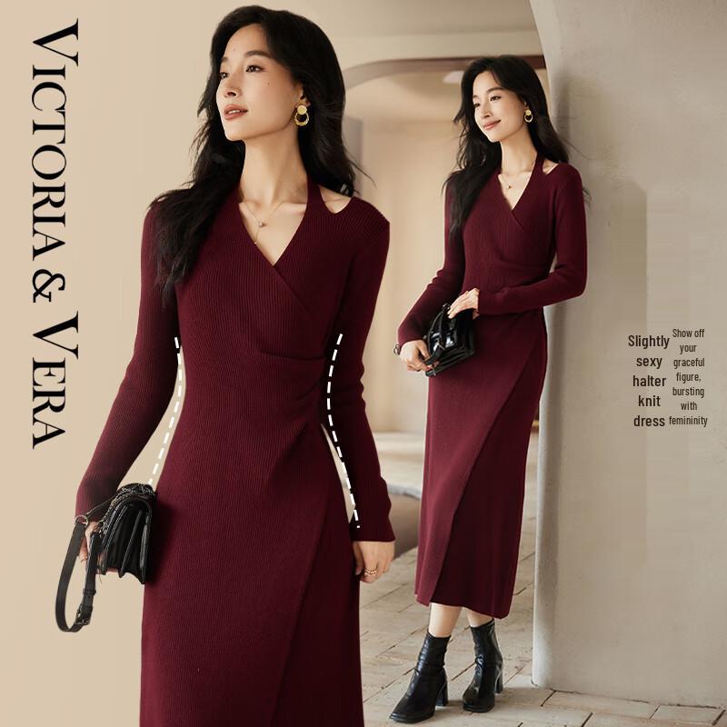 VICTORIA&VERA Women's V-Neck Slim Knit A-Line Midi Dress