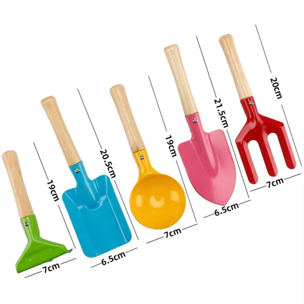 5-Piece Kids Beach Toy Set - Metal Tools with Wooden Handles (Shovel Rake Fork Spoon Trowel) Durable Sand Play & Gardening Kit