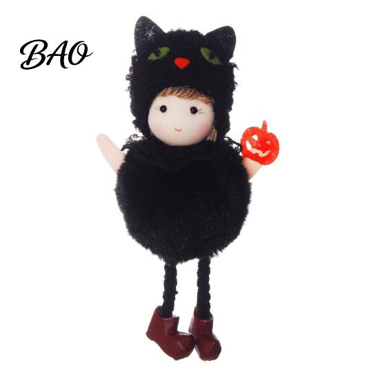 Cute Spooky Plush Toy Halloween Hanging Witch Doll with Lanyard, Furry Pom Lace Details Ball Ornament for Doors Windows Trees Party Decor Bar