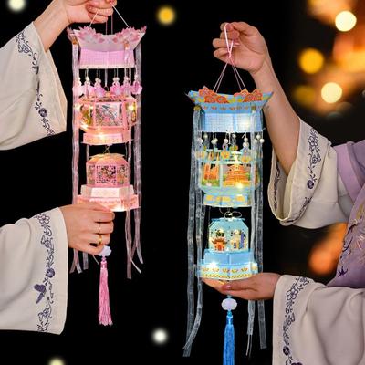 3D Middle Autumn Festival Lantern Paper Handmade Ancient Style Handheld Lantern Cartoon Luminous