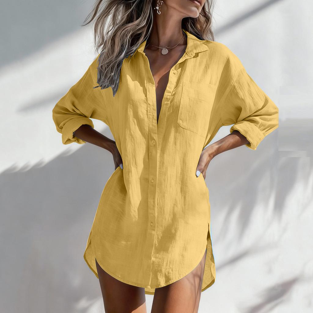Women Loose Fit V Neck Long Sleeve Casual Shirt Dress Button Down Relaxed Tunic Blouse with Pocket for Everyday Wear
