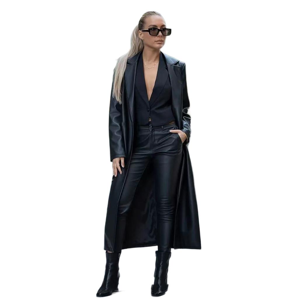 Grensoverschrijdende Europese en Amerikaanse stijl lange leren jas voor dames, modieuze high-end afslankende PU leren jas, 2026 nieuwe collectie