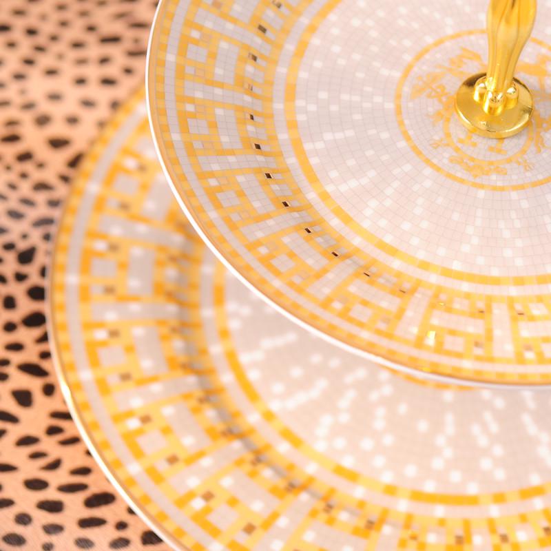 Elegant European Style Bone China Two-Tier Afternoon Tea Stand with Gold Mosaic Design