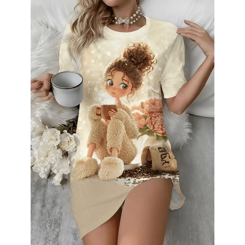 Women'S Round Neck Short Sleeve T-Shirt with Rose Print Sleeping Dress