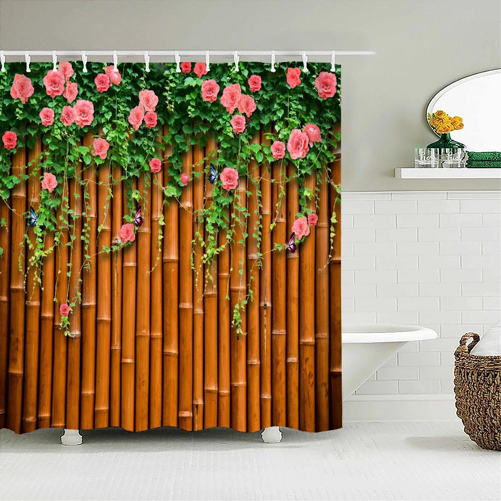 Rural Landscape Fabric Shower Curtain Bathroom Curtains Rock Brick Wall Plant Flowers Waterproof Decor Bath Screen With Hook