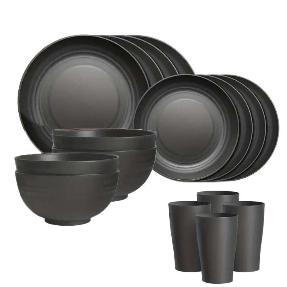 

Набор многоразовой праздничной посуды из 16 предметов на 4 персоны, наборы столовой посуды, набор столовых приборов из пшеничной соломы, для кемпинга чёрный