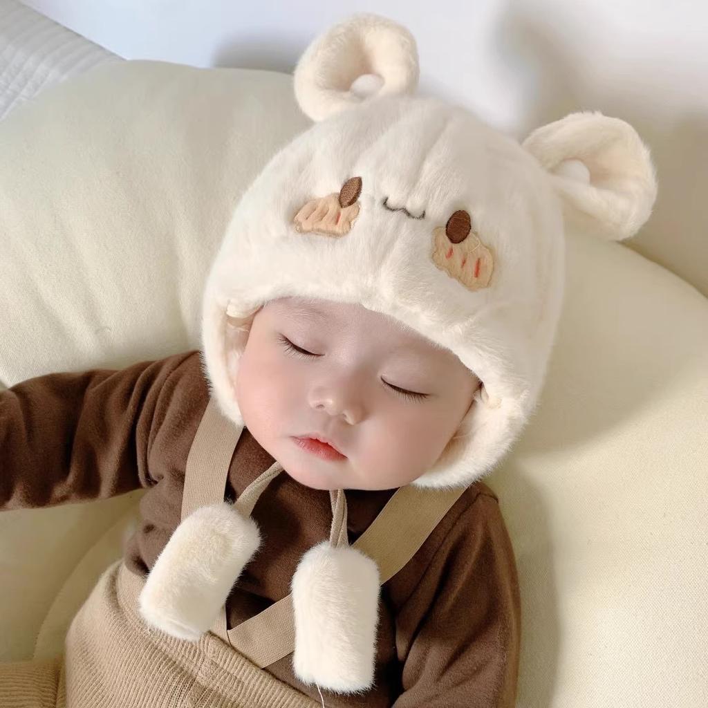 Winter infant face protection knitted hat windproof and warm ear protection hat fleece thickened male and female treasure cute plush hat