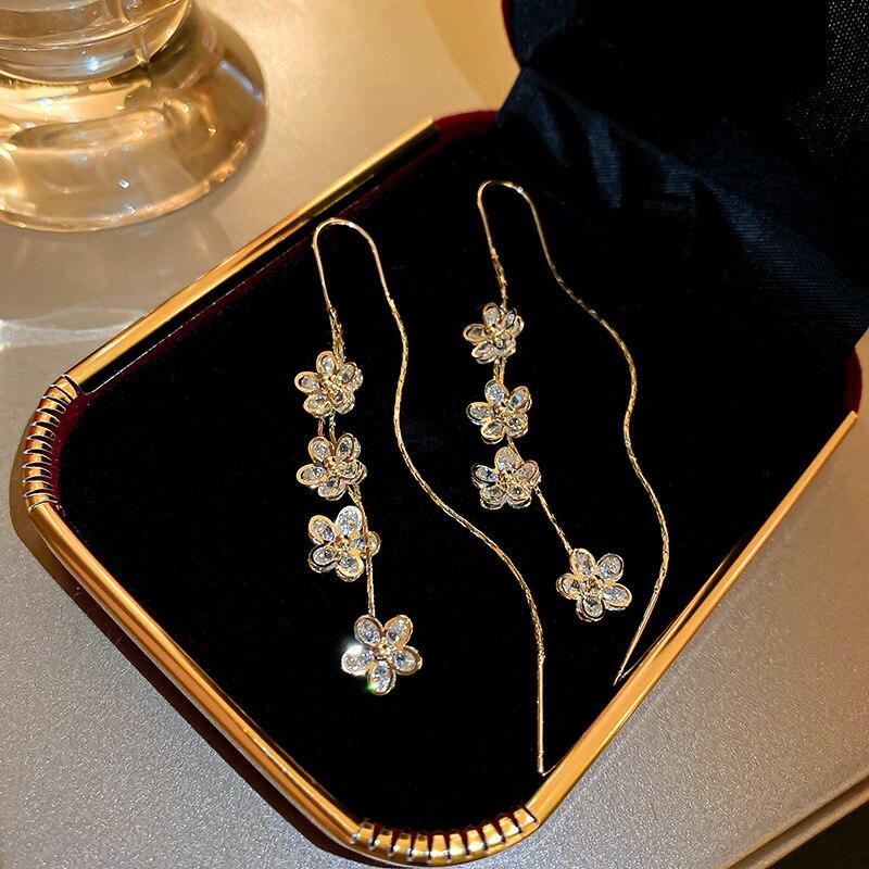 Flower Long Dangle Drop Earrings For Women Shiny Full Zircon Hanging Earring Summer Fashion Ear Jewelry For Party Wedding K0