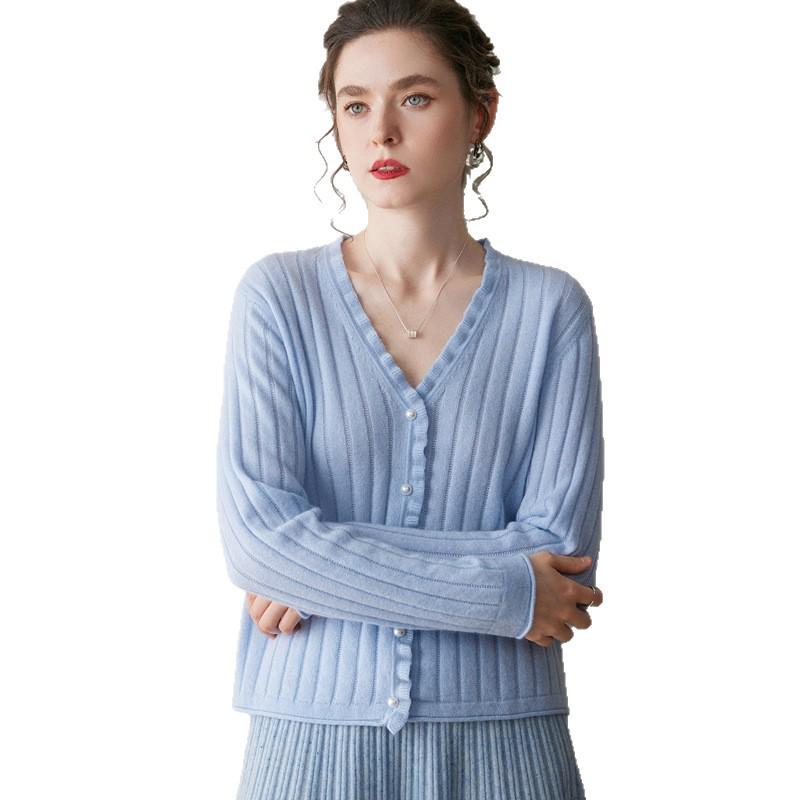 Women's Early Autumn Cashmere V-Neck Cardigan with Pearl Buttons - Slimming Knit Base Layer