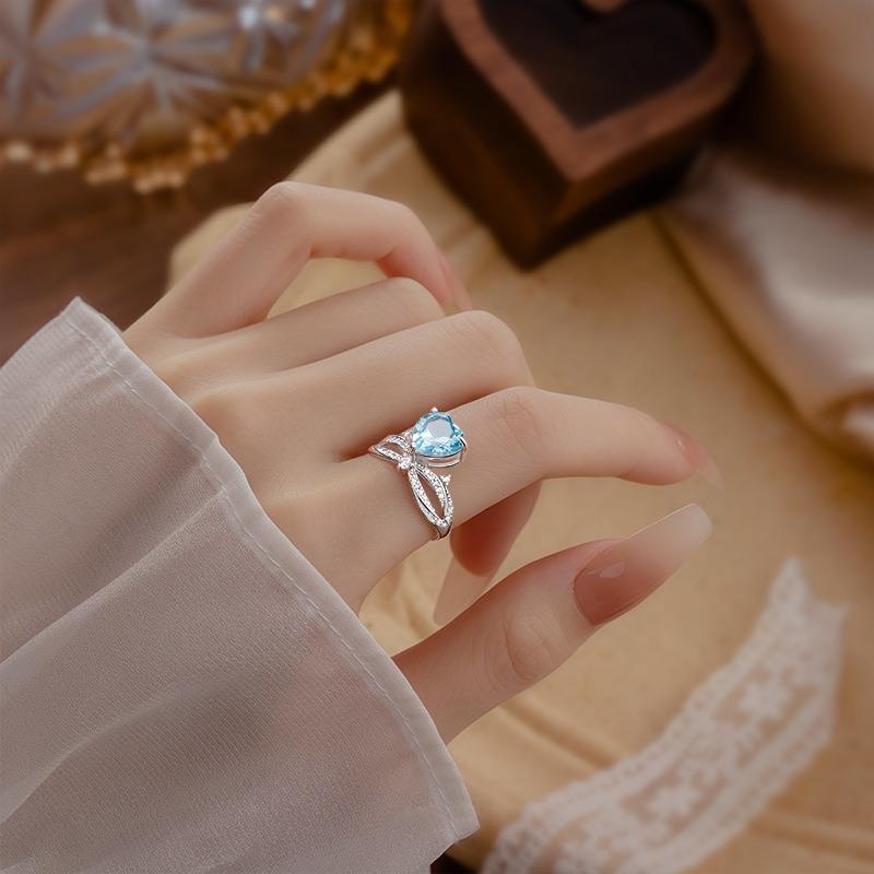 S925 sterling silver heart-shaped amethyst bow ring adjustable light luxury niche girl style natural stone index finger ring