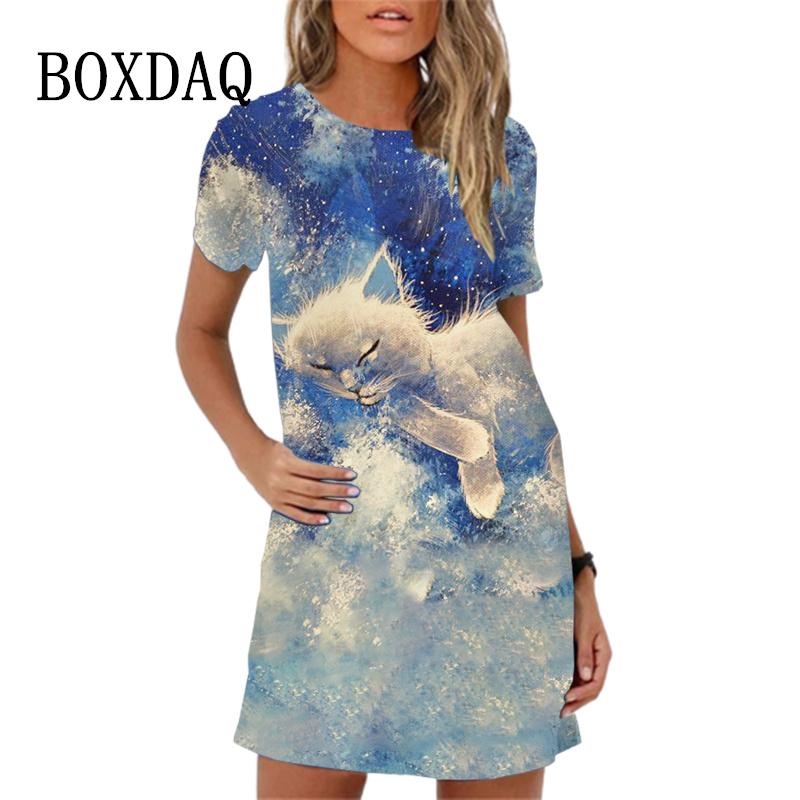 Women's Hip-hop Casual Short Sleeved O-neck A-line Skirt Mini Skirt Street Style Loose Cartoon Printed Dress