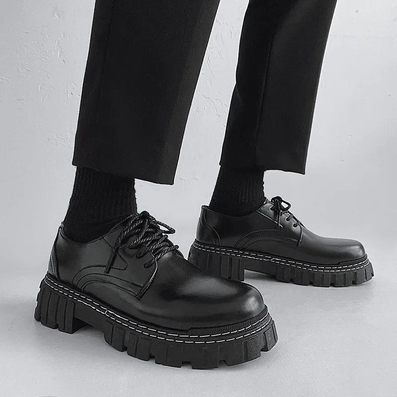 Schwarze Leder Freizeitschuhe Outdoor Nähen Walking Herrenschuhe Mode Dicke Sohle Sneakers Männlich Atmungsaktiv Sport Plateau Schuh Neu