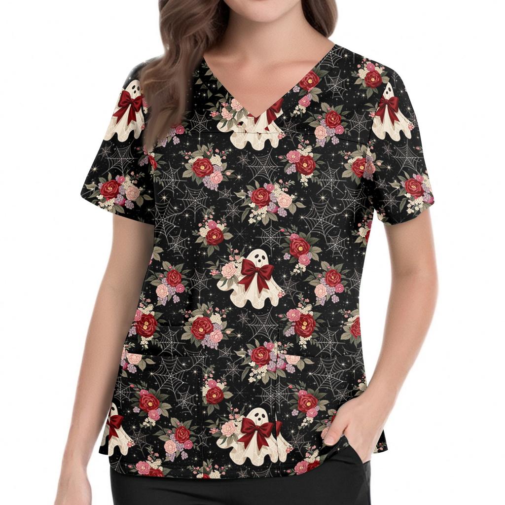 Women's Halloween Print V Neck Medical Scrub Top with Pockets Side Slits Short Sleeve Nurse Uniform Shirt for Healthcare Professionals