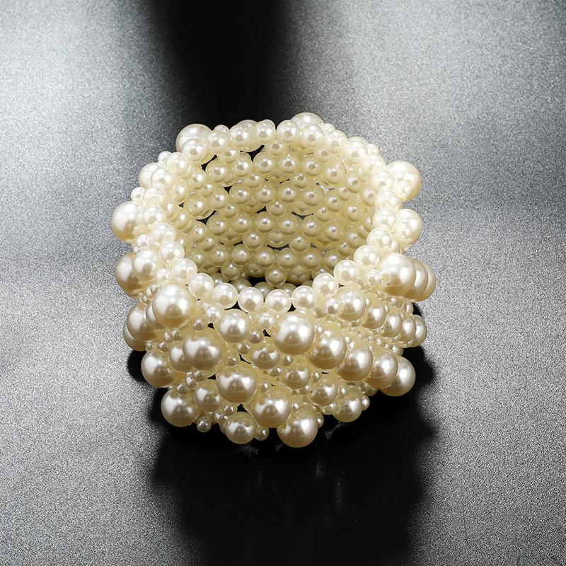 Retro Baroque Imitation Pearl Bracelet, Elegant Temperament Literary and Artistic Weaving Elastic Wide Version Bracelet, Women's Bracelet.