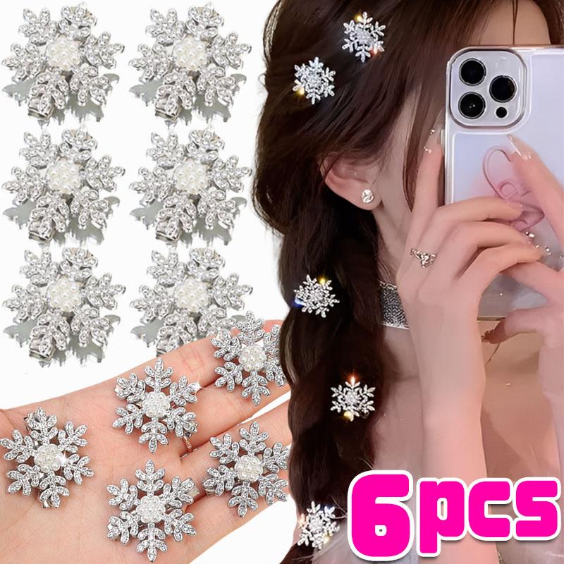 1/6pcs Christmas Hair Clips Snowflake Hairpins Sparkling Rhinestone Hair Clips for Women Festive Party Gift