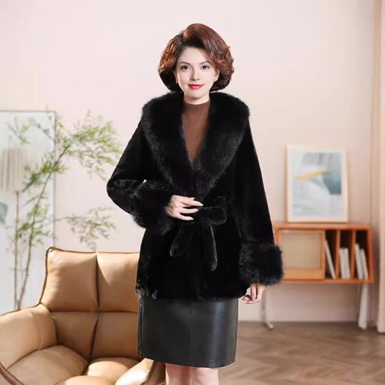 Women's Furry Coat with Faux Fur Collar And Cuff Winter Warm Belted Fuzzy Jacket Long Sleeve Open Front Fluffy Outerwear