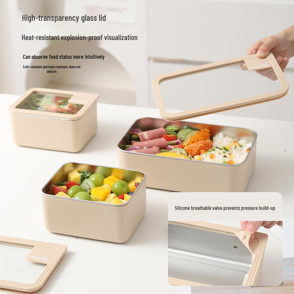 Korean Stainless Steel & Glass Airtight Lunch Box, Square Bento Food Container for Students