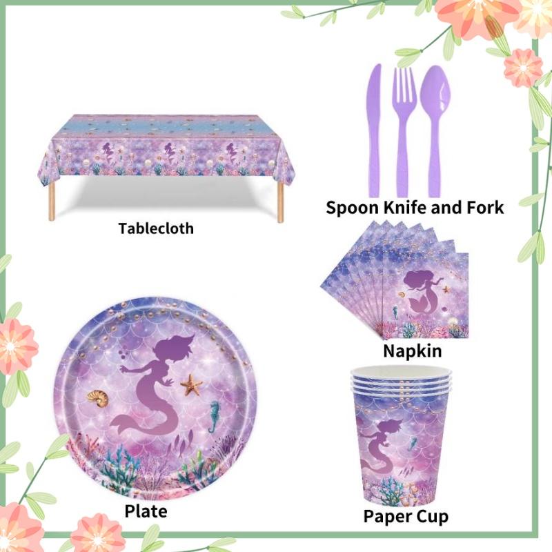 Theme Mermaid Party Paper Plates Tableware Set Childrens Birthday Decorations