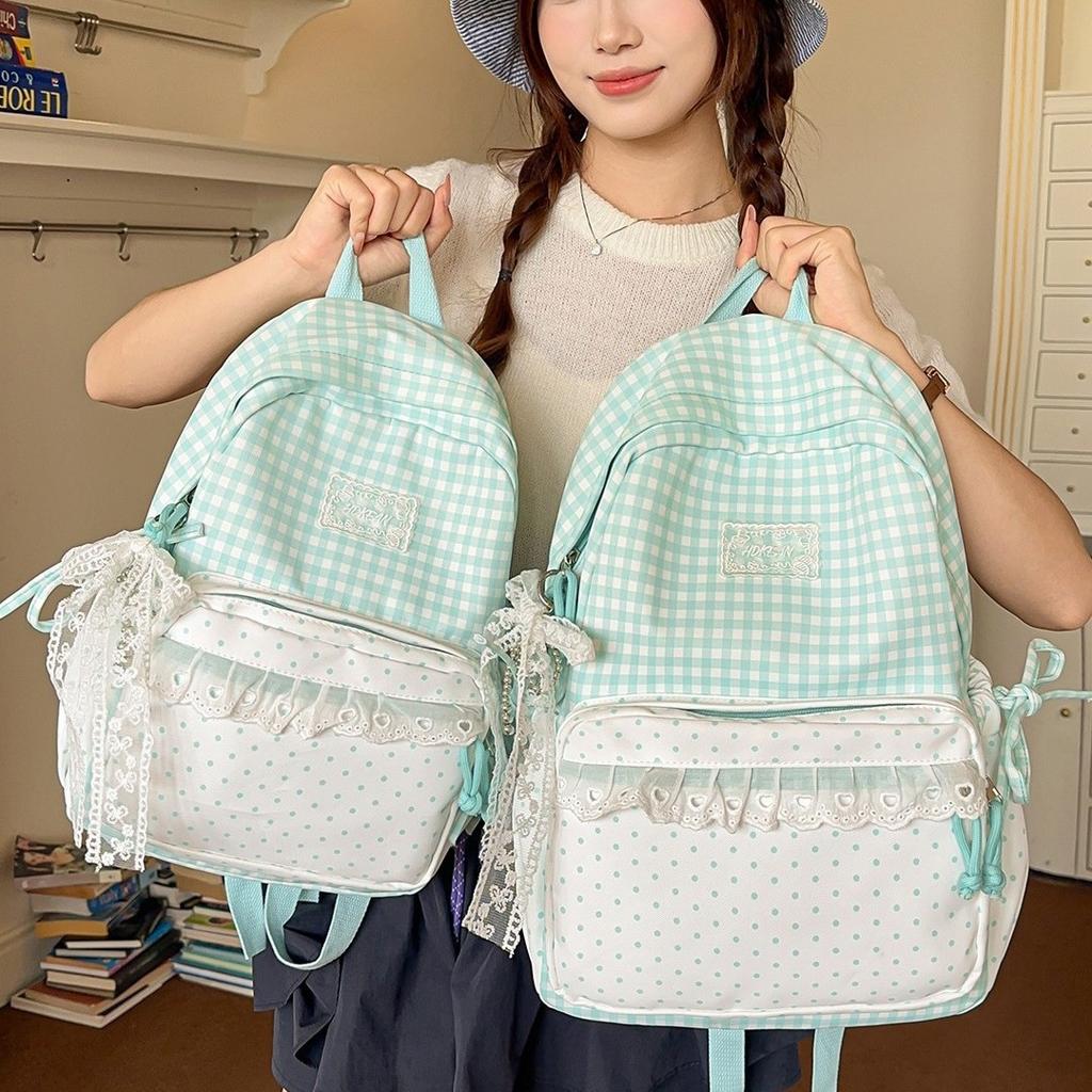 Schoolbag milk fufu plaid lace sweet girl wind backpack high value student party holiday travel cute backpack