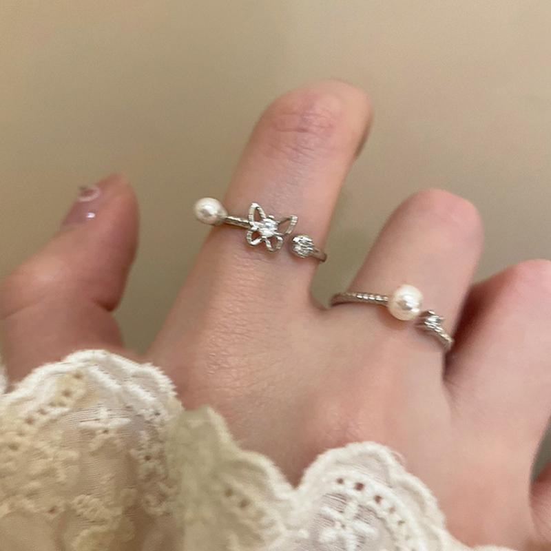 Fashionable Butterfly Zircon Open Ring Imitation Pearl Trendy Luxury Girl Finger Ring New Design Exquisite Ring Women's Jewelry