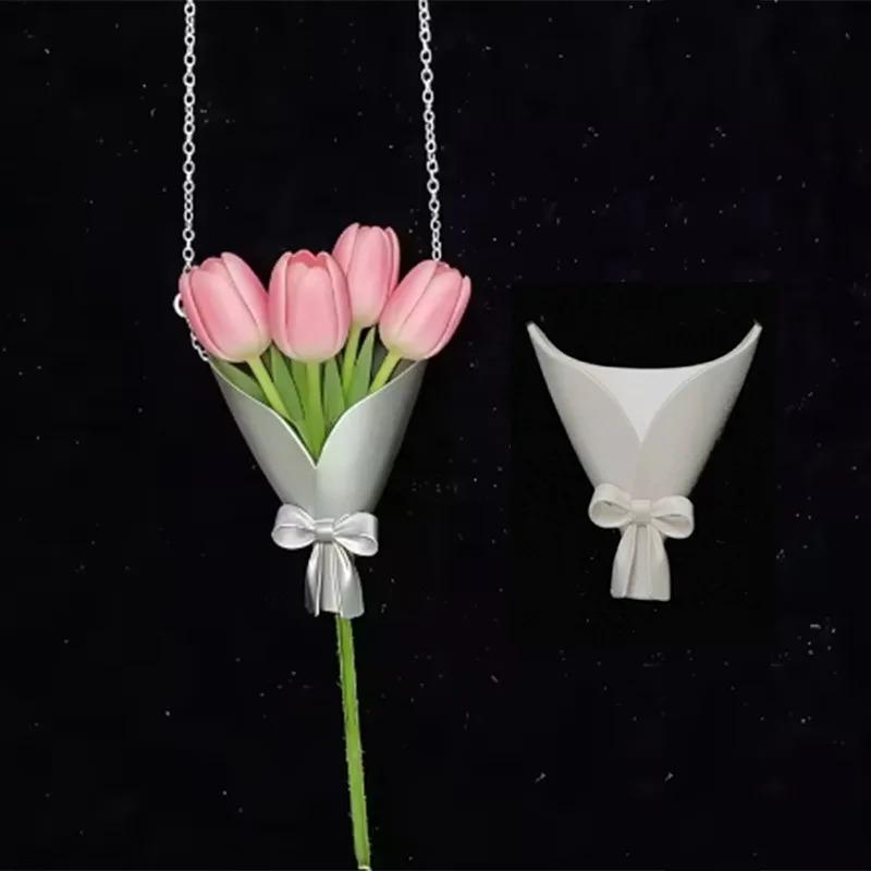 Creative Trendy Bouquet Wrapping Pendant Necklace for Women Small Flower Insertable Choker Fashion Clavicle Chain Jewelry Gift