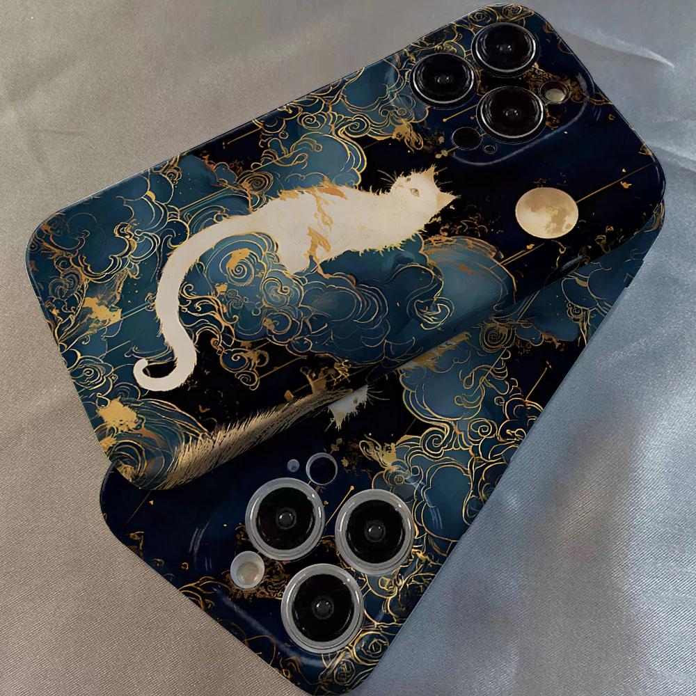 Luxury Moon Cat Glossy Film Hard PC Phone Case for Oppo A6 A5 A78 A3 A3X A60 A74 A38 A58 A96 A57 A76 A36 A17 A16e A55 Pro 4G 5G